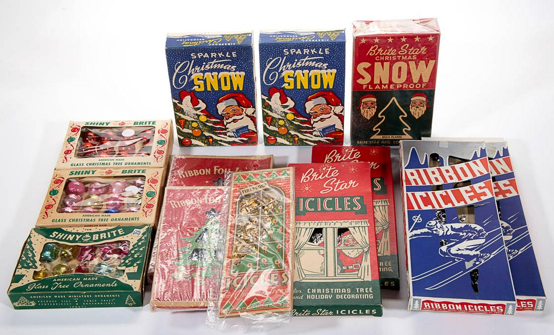 VINTAGE CHRISTMAS / HOLIDAY BOXED DECORATIONS, LOT OF: VINTAGE CHRISTMAS / HOLIDAY BOXED DECORATIONS, LOT OF 13, comprising three boxes of "Christmas Snow" mica flakes by Mica Mountain Mines of Salt Lake City, UT and Brite Star Mfg. Co. of Philadelphia, P
