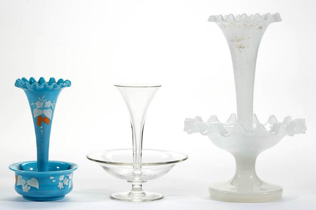 BLOWN CHILDREN: BLOWN CHILDREN'S GLASS TOY EPERGNES, LOT OF THREE, comprising an alabaster/clambroth with ruffled rims and remnants of gilt decoration, an opaque blue with a low-lying bowl and polychrome-enamel decor