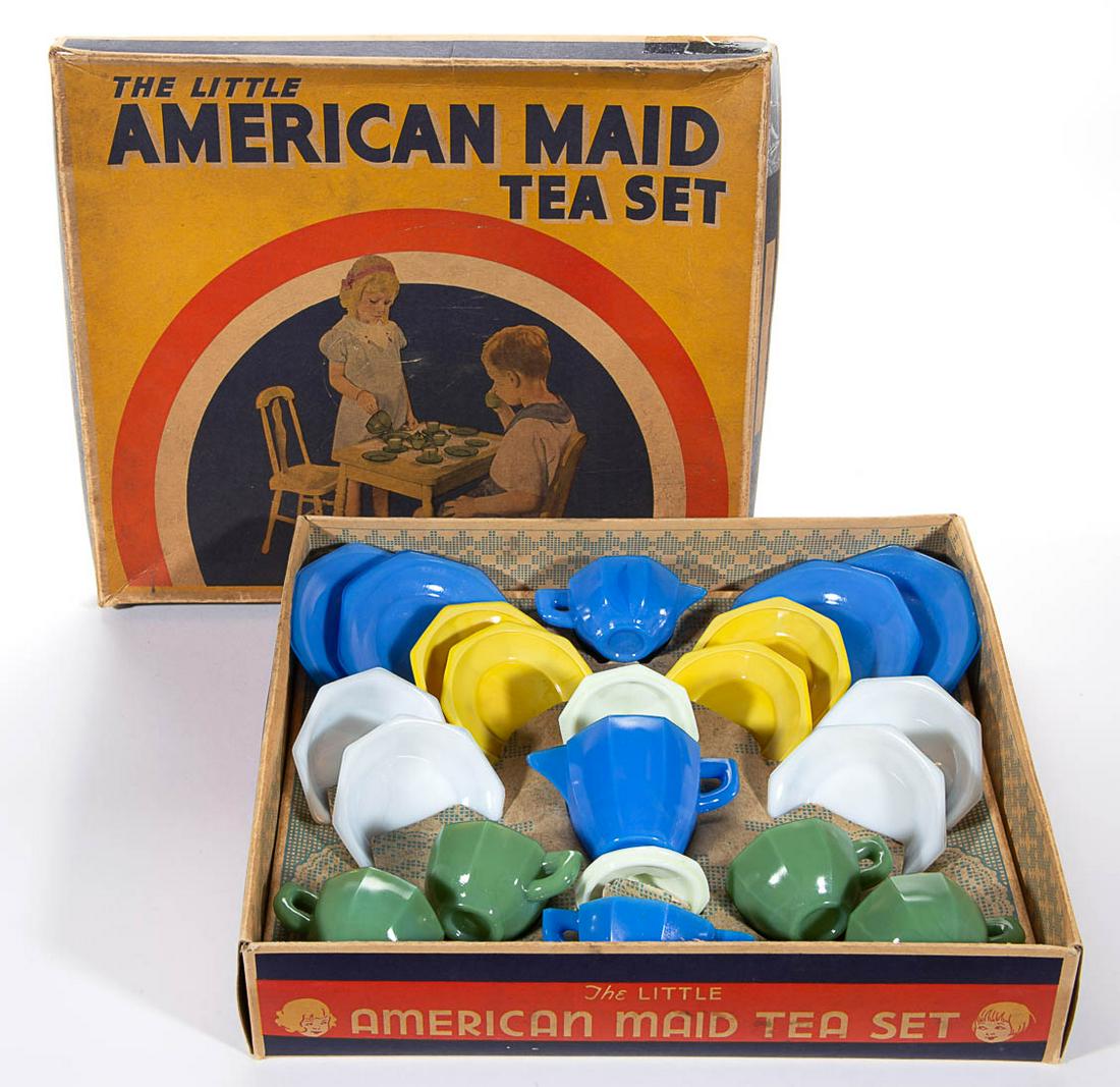 AKRO AGATE LITTLE AMERICAN MAID TOY OCTAGONAL TEA SET,: AKRO AGATE LITTLE AMERICAN MAID TOY OCTAGONAL TEA SET, 14 PIECES, various colors, in original box. Akro Agate Co. Second quarter 20th century. Teapot: 3 3/4" HOA. 4 1/2" DOA largest plate.Blue covered