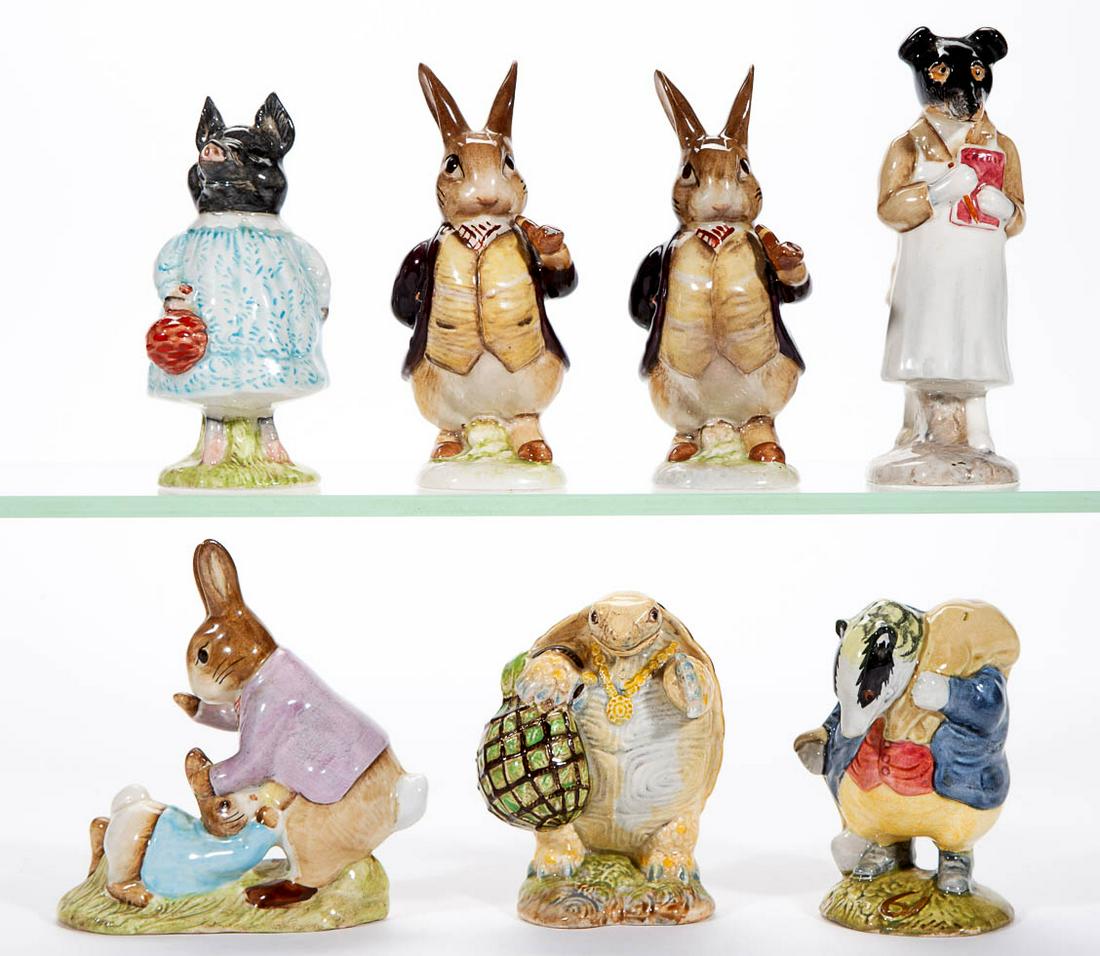 ENGLISH BESWICK "BEATRIX POTTER" PORCELAIN FIGURES, LOT: ENGLISH BESWICK "BEATRIX POTTER" PORCELAIN FIGURES, LOT OF SEVEN, comprising two "Benjamin Bunny" (BP2a and BP3a), "Mr. Benjamin Bunny & Peter Rabbit" (BP3b), "Pig-Wig", "Cousin Ribby", "Pickles", "To
