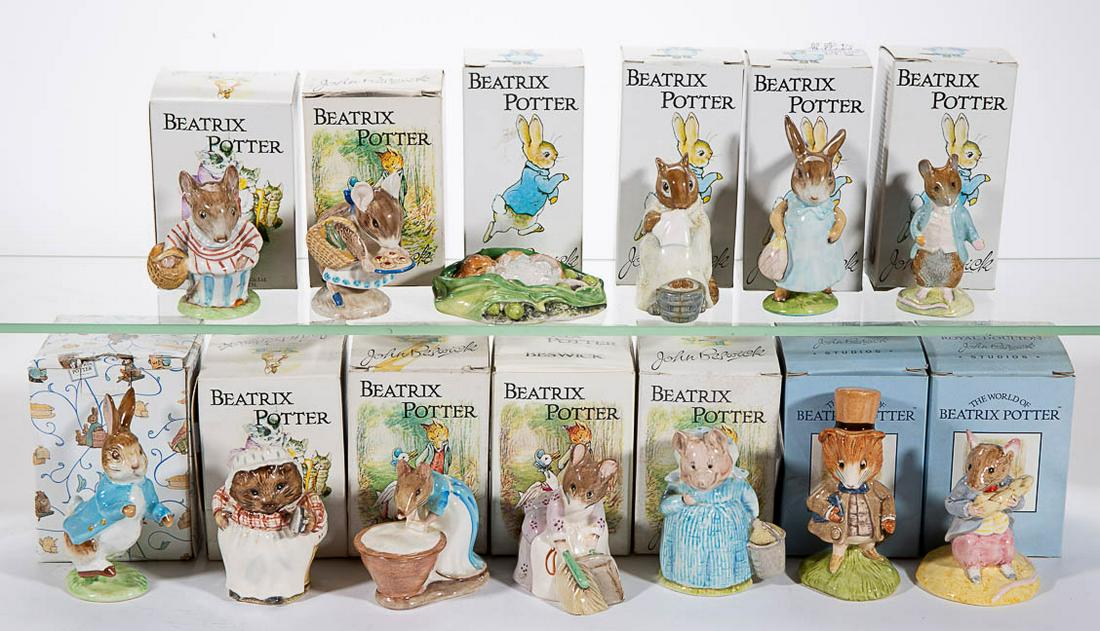 ENGLISH BESWICK "BEATRIX POTTER" PORCELAIN FIGURES, LOT: ENGLISH BESWICK "BEATRIX POTTER" PORCELAIN FIGURES, LOT OF 13, including "Peter Rabbit Running", "Aunt Pettitoes", "Johnny Town-Mouse", "Mrs. Flopsy Bunny", "Amiable Guinea-Pig", "Anna Maria", "Mrs. T