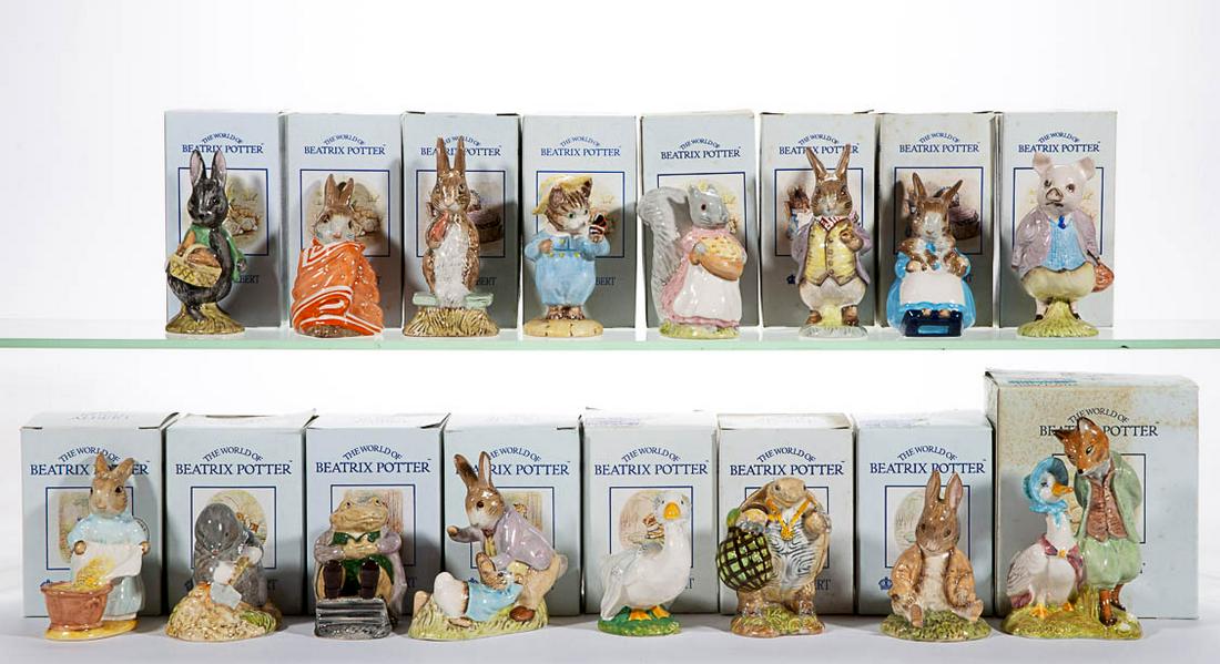 ENGLISH ROYAL ALBERT "BEATRIX POTTER" PORCELAIN: ENGLISH ROYAL ALBERT "BEATRIX POTTER" PORCELAIN FIGURES, LOT OF 16, including "Jemima Puddleduck with Foxy Whiskered Gentleman", "Mrs. Rabbit and Bunnies", "Mr. Alderman Ptolemy", "Goody Tiptoes", "Pi