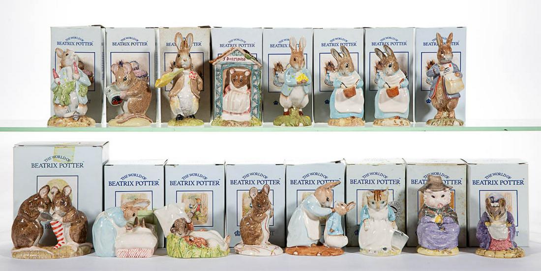 ENGLISH ROYAL ALBERT "BEATRIX POTTER" PORCELAIN: ENGLISH ROYAL ALBERT "BEATRIX POTTER" PORCELAIN FIGURES, LOT OF 16, including "Benjamin Wakes Up", "Peter in Bed", "The Christmas Stocking", "Peter with Daffodils", "Lady Mouse made a Curtsy", "Ribby 