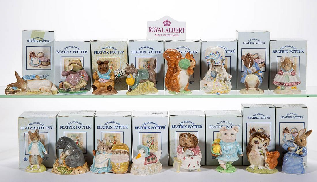 ENGLISH ROYAL ALBERT "BEATRIX POTTER" PORCELAIN: ENGLISH ROYAL ALBERT "BEATRIX POTTER" PORCELAIN FIGURES, LOT OF 16, comprising "Peter in the Gooseberry Net", "Jeremy Fisher", "Cottontail", "Old Mr. Bouncer", "Lady Mouse", "John Joiner", "Squirrel N