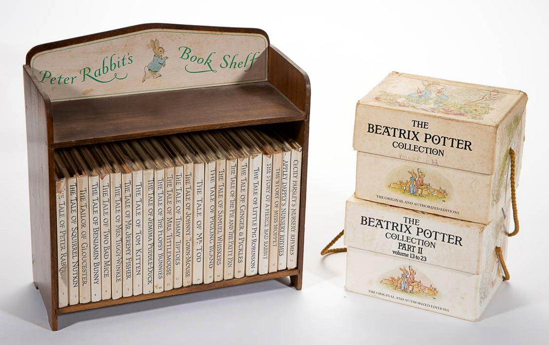 BEATRIX POTTER CHILDREN'S BOOKS, TWO SETS: BEATRIX POTTER CHILDREN'S BOOKS, TWO SETS, each set with 23 books, comprising one set with a Peter Rabbit's miniature book shelf and one set printed in 1986 with two carrying boxes. Hard covers. 20th 