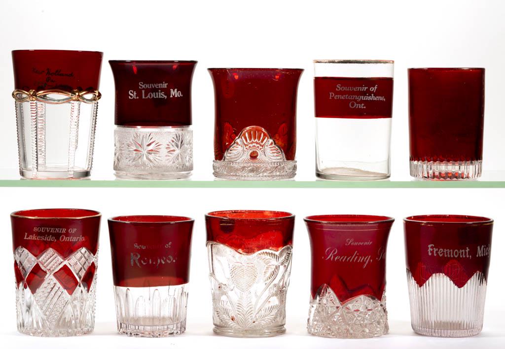 ASSORTED EAPG - RUBY-STAINED SOUVENIR / ADVERTISEMENT: ASSORTED EAPG - RUBY-STAINED SOUVENIR / ADVERTISEMENT TUMBLERS, LOT OF TEN, colorless, including an Inverted Strawberry with "Souvenir of Golva, North Dakota" lettering, a Jewel with "Souvenir of Lind