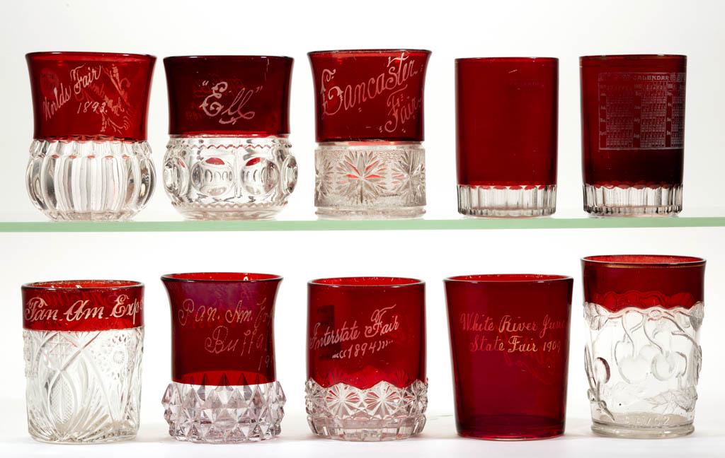 ASSORTED EAPG - RUBY-STAINED SOUVENIR AND OTHER: ASSORTED EAPG - RUBY-STAINED SOUVENIR AND OTHER TUMBLERS, LOT OF TEN, colorless, including a King's Crown with "Worlds Fair 1893" lettering, a Jubilee with "Pan. Am. Expo. 1901", and a pair with 1909