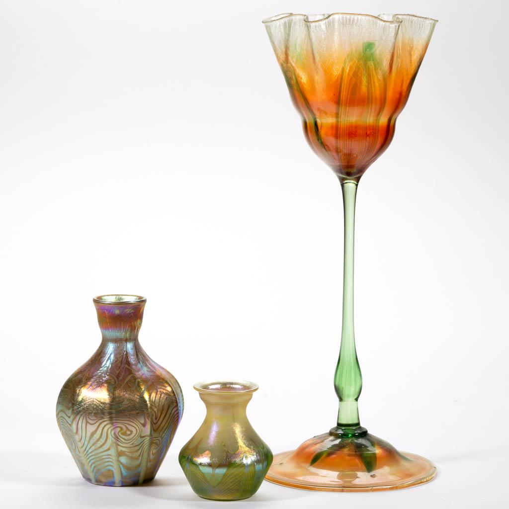 ASSORTED TIFFANY FAVRILE ART GLASS VASES, LOT OF THREE: ASSORTED TIFFANY FAVRILE ART GLASS VASES, LOT OF THREE, comprising a Pulled Feather jonquil vase, a pulled decorated cabinet vase, and a small King Tut vase. Tiffany Studios. First quarter 20th centur