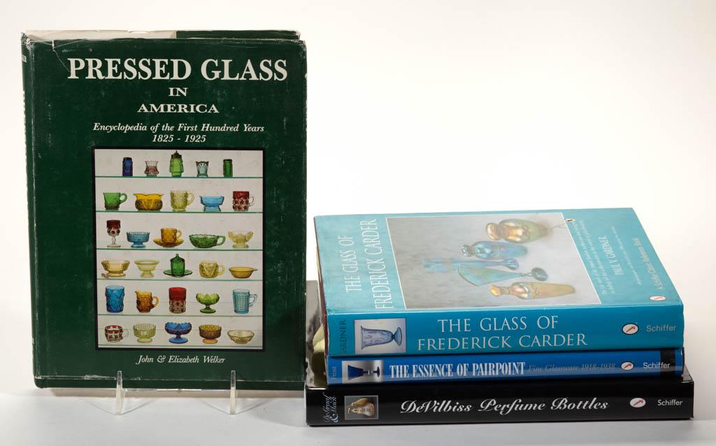 ASSORTED GLASS REFERENCE VOLUMES, LOT OF FOUR: ASSORTED GLASS REFERENCE VOLUMES, LOT OF FOUR, comprising Welker, "Pressed Glass in America"; Gardner, "The Glass of Frederick Carder"; Frost, "The Essence of Pairpoint"; and DeGraaf/Mack, "DeVilbiss 