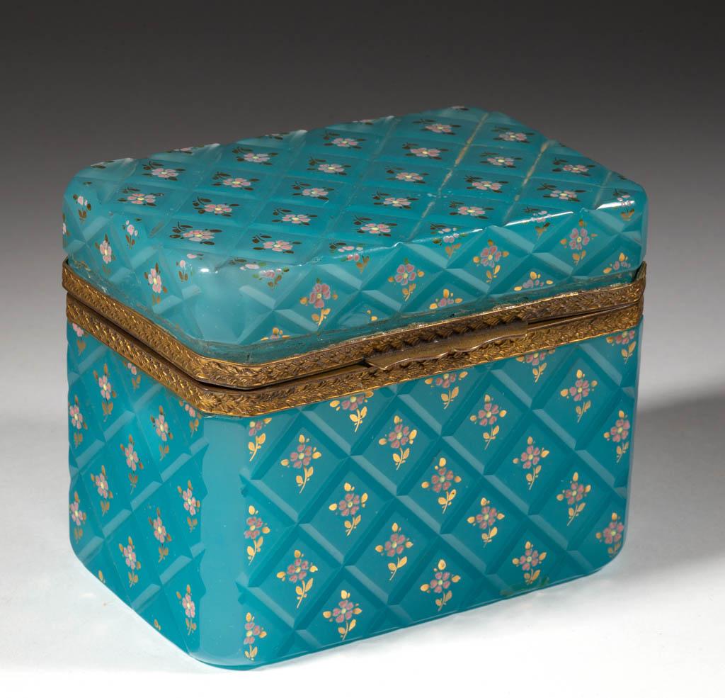 CONTINENTAL OPALINE CUT GLASS DRESSER BOX: CONTINENTAL OPALINE CUT GLASS DRESSER BOX, translucent blue with polychrome-enamel decoration, rectangular form with cut diamonds with flowers on the interior of each diamond, metal mounts. Probably B