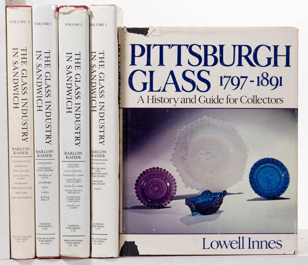 ASSORTED EARLY GLASS REFERENCE VOLUMES, LOT OF FIVE: ASSORTED EARLY GLASS REFERENCE VOLUMES, LOT OF FIVE, comprising Barlow/Kaiser, "The Glass Industry in Sandwich: Vols. 1-4"; and Innes, "Pittsburgh Glass". Hard covers with dust jackets. Books undamage