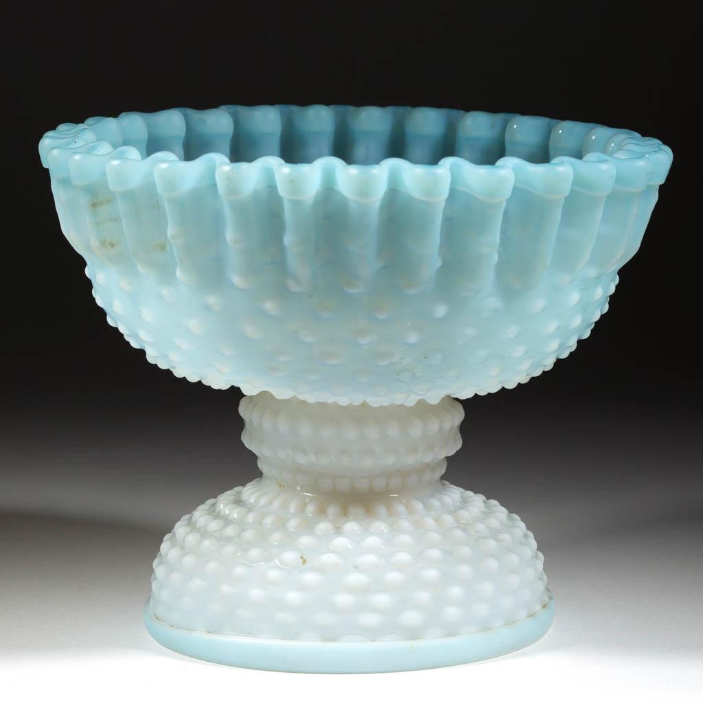 HOBNAIL OPALESCENT OPEN COMPOTE: HOBNAIL OPALESCENT OPEN COMPOTE, blue opalescent, crimped rim, raised on a short stem and domed foot with a rolled over edge, factory-polished table ring, unusual plaster and a wood block in the inter