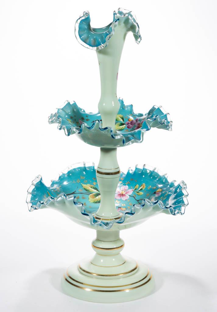 VICTORIAN THREE-TIER CASED GLASS EPERGNE: VICTORIAN THREE-TIER CASED GLASS EPERGNE, blue cased custard with polychrome-enamel decoration, trumpet-form top vase, middle insert with a bulbed stem/extension, ruffled base bowl raised on a knop st