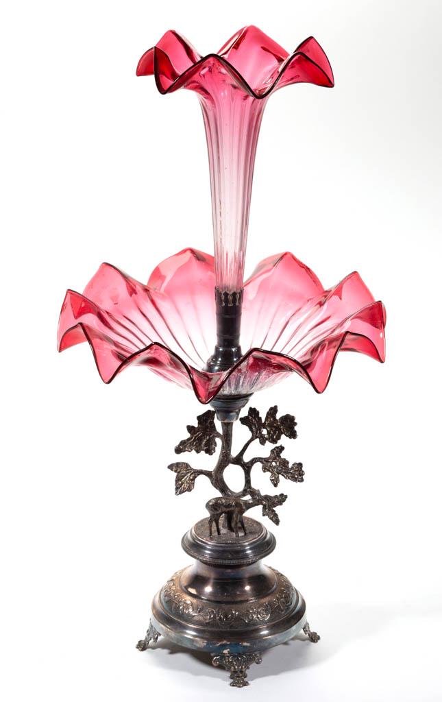 VICTORIAN PANEL-OPTIC EPERGNE: VICTORIAN PANEL-OPTIC EPERGNE, rubina, central trumpet vase within a matching pattern bowl, all raised on a quadruple-plated stand with figural deer and tree standard. Maker unverified. Late 19th/earl