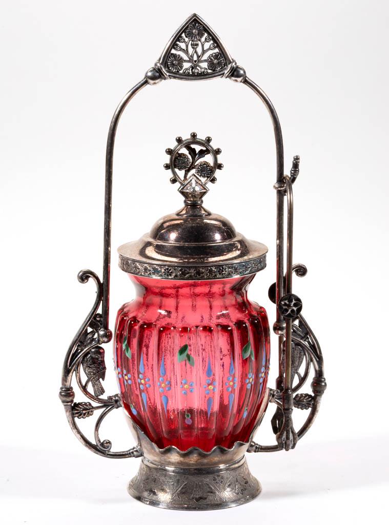 VICTORIAN LOBED AND ENAMEL-DECORATED PICKLE CASTER: VICTORIAN LOBED AND ENAMEL-DECORATED PICKLE CASTER, cranberry with polychrome-enamel decoration, 21-lobe form, fitted into a quadruple-plated stand marked for "WM. ROGERS MFG. CO." and numbered "449",