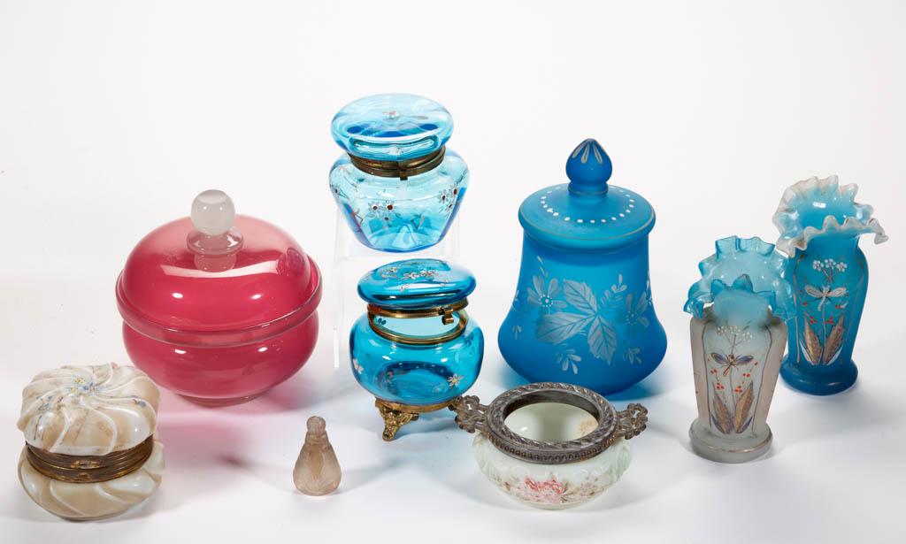 ASSORTED VICTORIAN GLASS ARTICLES, LOT OF NINE: ASSORTED VICTORIAN GLASS ARTICLES, LOT OF NINE, various colors, including a translucent pink and clambroth opaline covered dish, a near pair of vases with dragonfly decoration, and two Wave Crest dres
