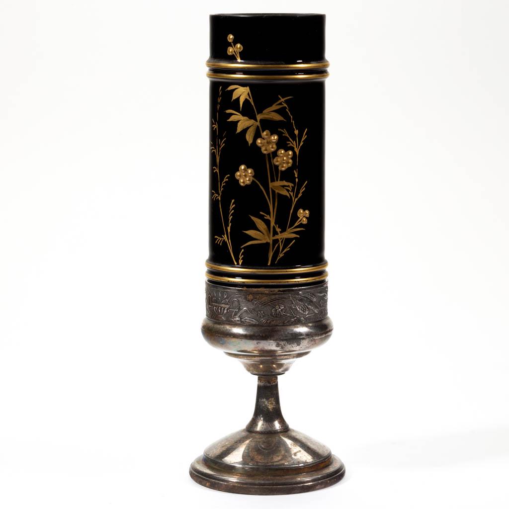 OPAL DECORATED RING VASE: OPAL DECORATED RING VASE, opaque black with gilt enamel-decoration. floral decoration, fitted into a triple-plated base marked for "DUNHAM AND SONS". Boston & Sandwich Glass Co., Smith Brothers, and o