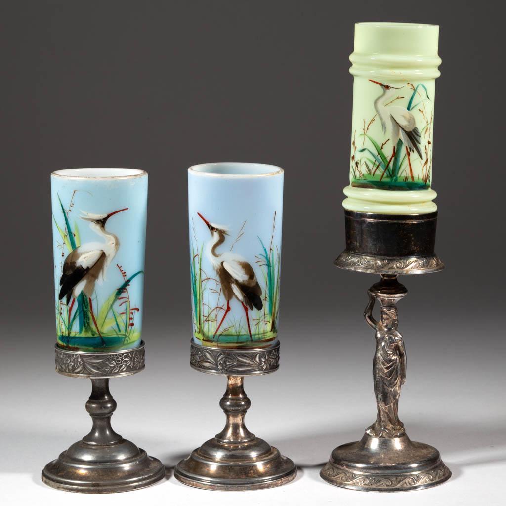 DECORATED OPAL / CUSTARD CYLINDER VASES, LOT OF THREE: DECORATED OPAL / CUSTARD CYLINDER VASES, LOT OF THREE, pair of opaque white with blue ground and one custard ring example, each with polychrome-enamel decoration, featuring storks/herons wading throug