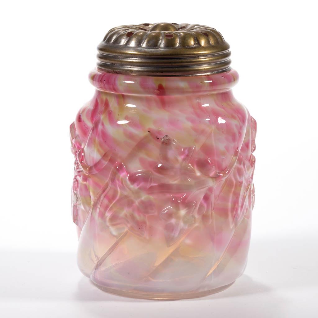 NORTHWOOD NO. 287 / ROYAL IVY SUGAR SHAKER: NORTHWOOD NO. 287 / ROYAL IVY SUGAR SHAKER, cased yellow-green and pink spatter, period lid. Northwood Glass Co. Pattern introduced 1890. 4 1/4" HOA. Undamaged. Literature: Parallels Heacock - Book II