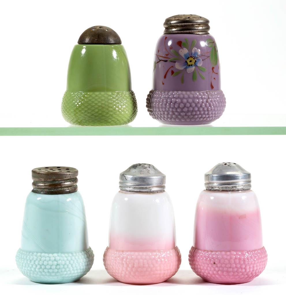 ASSORTED ACORN OPAQUE GLASS SALT AND PEPPER SHAKERS,: ASSORTED ACORN OPAQUE GLASS SALT AND PEPPER SHAKERS, LOT OF FIVE, opaque light blue, green, purple with enamel decoration, and light to dark pink, each with period lid. Beaumont Glass Co. and possibly