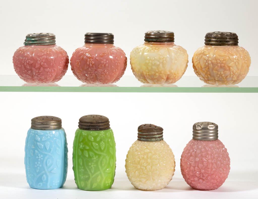 CHALLINOR FORGET-ME-NOT SALT AND PEPPER SHAKERS, LOT OF: CHALLINOR FORGET-ME-NOT SALT AND PEPPER SHAKERS, LOT OF SIX, butterscotch, blue, green, and pink, period lids. Together with two Periwinkle examples with a period lid. Eight pieces total. Challinor, T