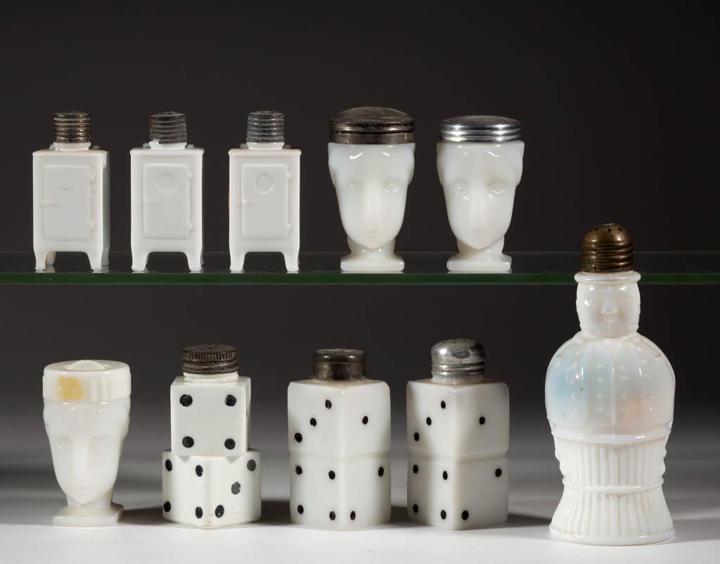 ASSORTED FIGURAL OPAQUE GLASS SALT AND PEPPER SHAKERS,: ASSORTED FIGURAL OPAQUE GLASS SALT AND PEPPER SHAKERS, LOT OF TEN, opaque white, including "Johnny Bull", Ice Box, and Grecian Goddess, period lids. Various makers. Late 19th/first quarter 20th centur