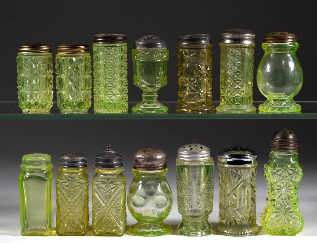 ASSORTED EAPG VASELINE GLASS SALT AND PEPPER SHAKERS,: ASSORTED EAPG VASELINE GLASS SALT AND PEPPER SHAKERS, LOT OF 13, Vaseline (reacts under black light), including a pair of Central No. 775 / Pressed Diamond, two Central No. 796 / Rope and Thumbprint, 