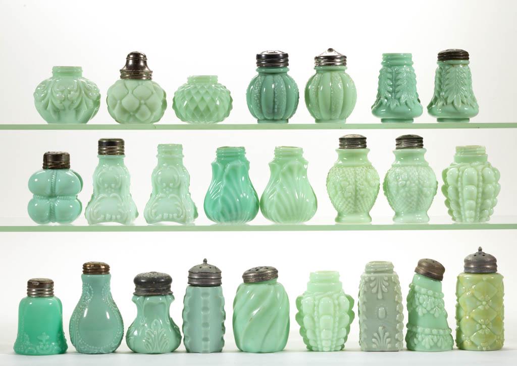 ASSORTED OPAQUE GLASS SALT AND PEPPER SHAKERS, LOT OF: ASSORTED OPAQUE GLASS SALT AND PEPPER SHAKERS, LOT OF 24, (updated 1/15/20) opaque green, including Cotton Bale, and Guttate, by Consolidated Lamp & Glass, nine having a period lid. Various makers. La