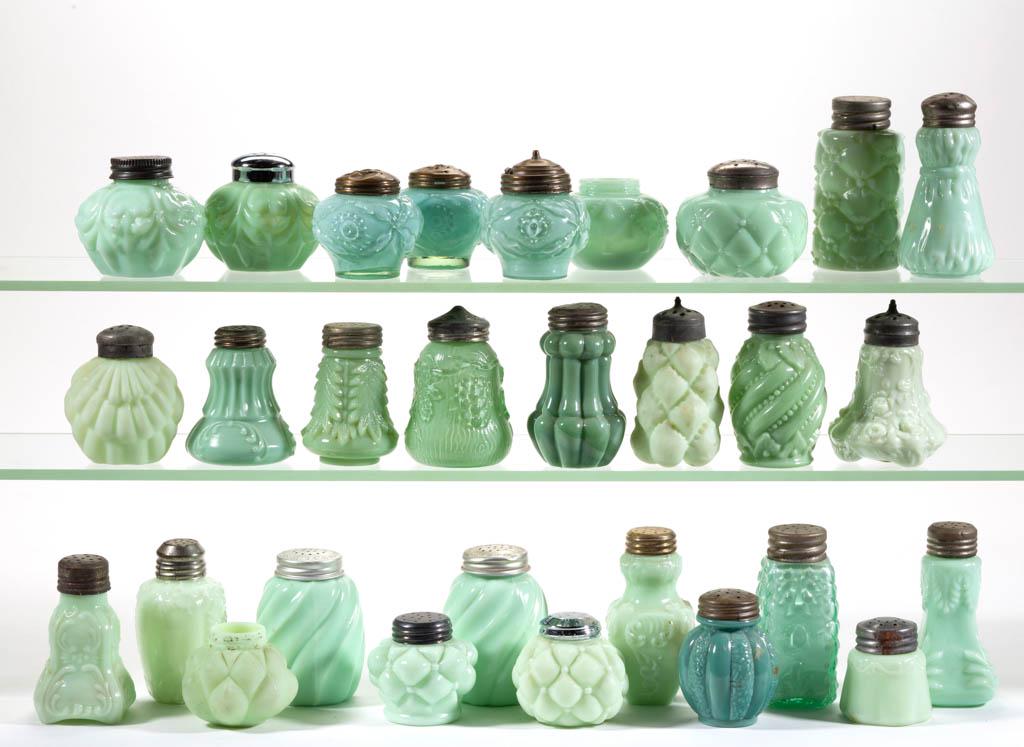 ASSORTED OPAQUE GLASS SALT AND PEPPER SHAKERS, LOT OF: ASSORTED OPAQUE GLASS SALT AND PEPPER SHAKERS, LOT OF 29, opaque green, including an Overlapping Shell, three Florette, and a Quilted Phlox, 27 having a period lid. Various makers. Fourth quarter 19th