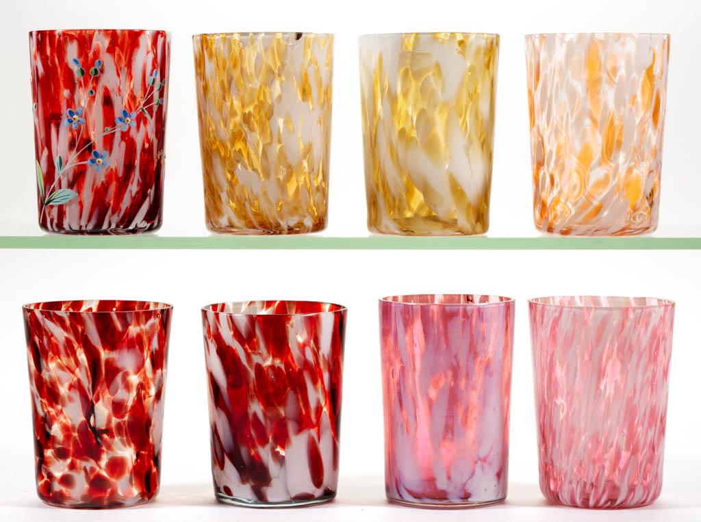 ASSORTED VICTORIAN SPATTER GLASS TUMBLERS, LOT OF EIGHT: ASSORTED VICTORIAN SPATTER GLASS TUMBLERS, LOT OF EIGHT, colorless with opal spatter, comprising two with cranberry, three with maroon featuring one having polychrome-enamel decoration, two with amber