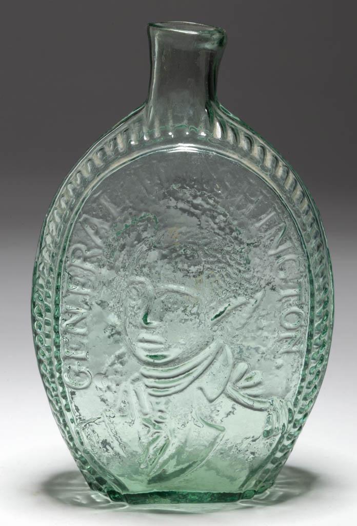 GI-2 GENERAL WASHINGTON - EAGLE PORTRAIT / HISTORICAL: GI-2 GENERAL WASHINGTON - EAGLE PORTRAIT / HISTORICAL FLASK, light green, pint, obverse embossed "GENERAL WASHINGTON.", plain mouth, light rough pontil mark. Probably Kensington Glass Works, Philadelp