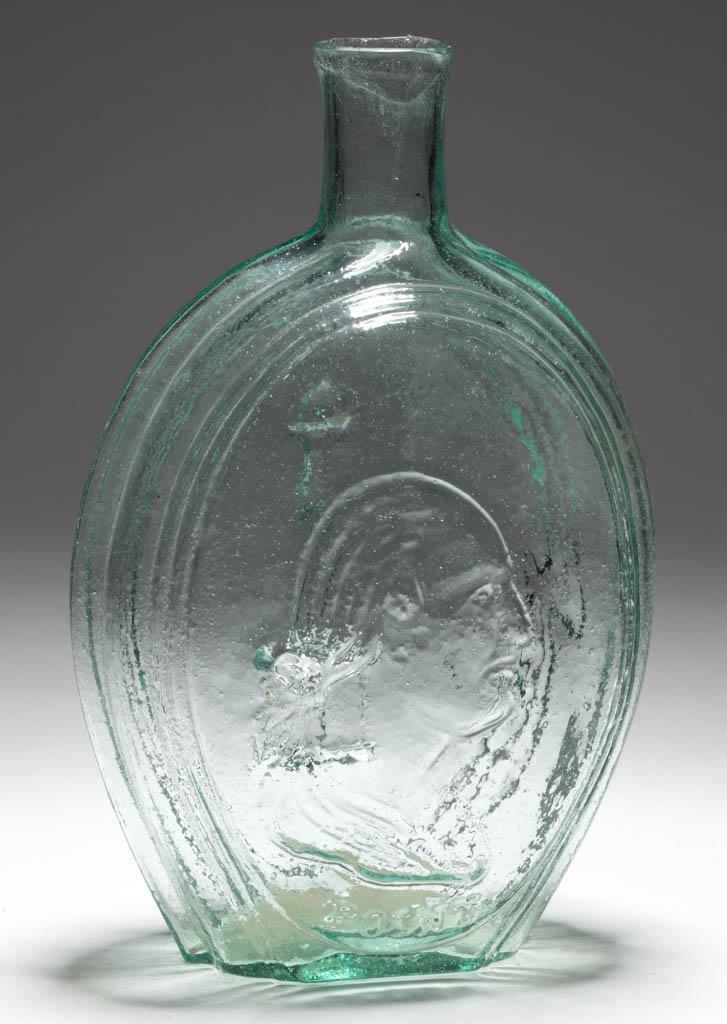 GI-21 WASHINGTON - BALTIMORE MONUMENT PORTRAIT /: GI-21 WASHINGTON - BALTIMORE MONUMENT PORTRAIT / HISTORICAL FLASK, aquamarine, quart, embossed "FELLS / (portrait) / POINT" on obverse, and "BALTo" below monument on reverse, sheared lip, rough pontil
