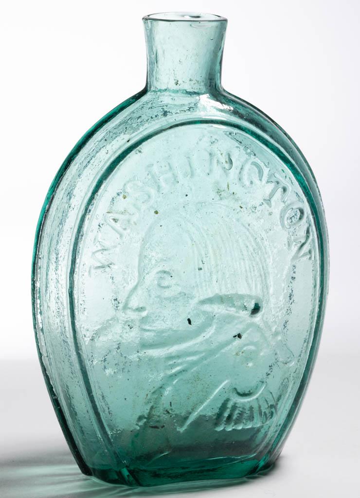 GI-24 WASHINGTON - TAYLOR PORTRAIT / HISTORICAL FLASK: GI-24 WASHINGTON - TAYLOR PORTRAIT / HISTORICAL FLASK, strong blue green, quart, obverse embossed "WASHINGTON" above portrait, reverse embossed "BRIDGETON (star) NEW. JERSEY" around portrait, plain mo