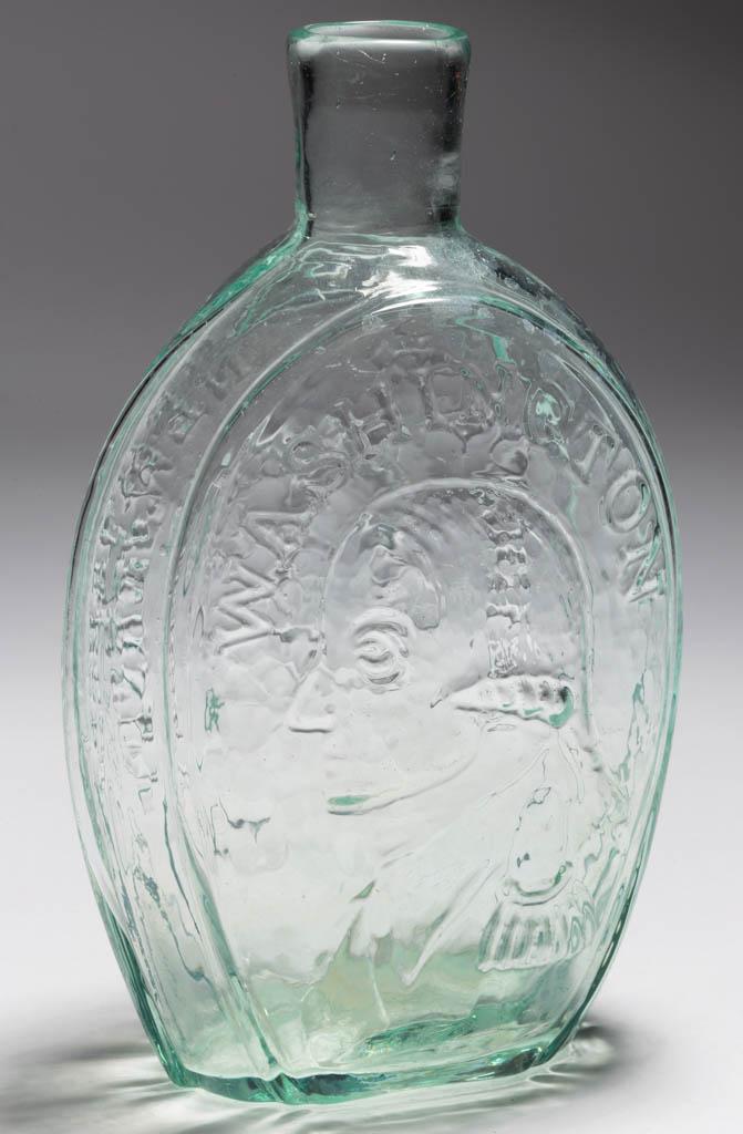 GI-24 WASHINGTON - TAYLOR PORTRAIT / HISTORICAL FLASK: GI-24 WASHINGTON - TAYLOR PORTRAIT / HISTORICAL FLASK, aquamarine, quart, obverse embossed "WASHINGTON" above portrait, reverse embossed "BRIDGETON (star) NEW. JERSEY" around portrait, plain mouth, ro