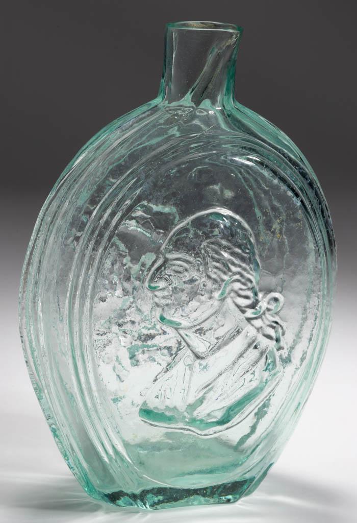 GI-26B VARIANT WASHINGTON - EAGLE PORTRAIT / HISTORICAL: GI-26B VARIANT WASHINGTON - EAGLE PORTRAIT / HISTORICAL FLASK, greenish aquamarine, quart, reverse with only eight vertical bars on shield, otherwise like standard GI-26b, sheared mouth, rough pontil 