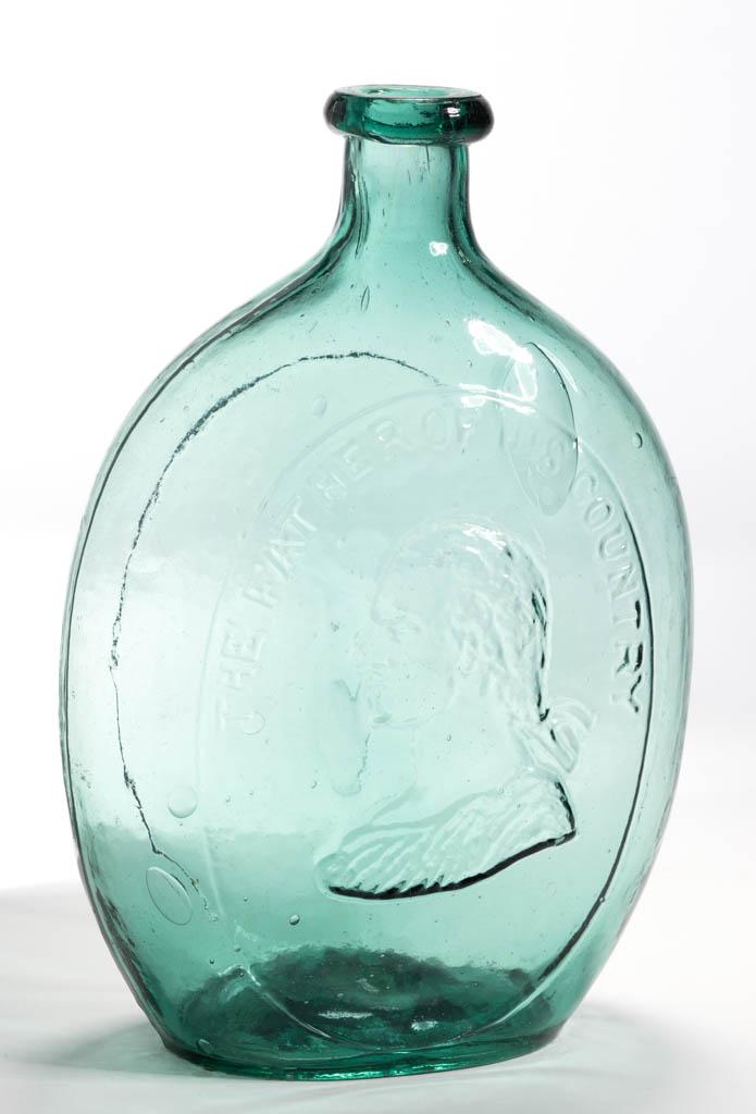 GI-47 WASHINGTON - PLAIN PORTRAIT / HISTORICAL FLASK: GI-47 WASHINGTON - PLAIN PORTRAIT / HISTORICAL FLASK, strong blue green, quart, embossed "THE FATHER OF HIS COUNTRY" to obverse, applied rounded mouth, heavy rough pontil mark. Lightly whittled surfac