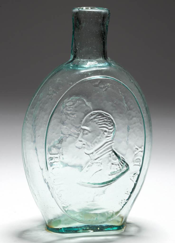 GI-72 TAYLOR - RINGGOLD PORTRAIT / HISTORICAL FLASK: GI-72 TAYLOR - RINGGOLD PORTRAIT / HISTORICAL FLASK, aquamarine, pint, obverse embossed "ROUGH AND READY" below portrait, and reverse with "MAJOR / (portrait) / RINGGOLD.", smooth edges, sheared mouth