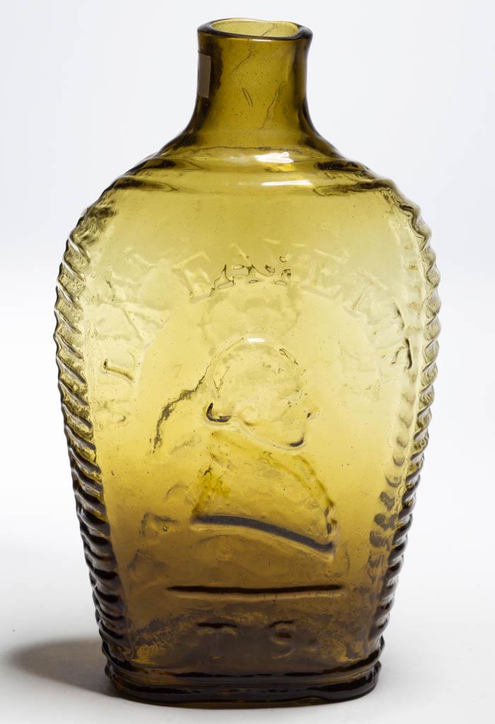 GI-80 LAFAYETTE - CLINTON PORTRAIT / HISTORICAL FLASK: GI-80 LAFAYETTE - CLINTON PORTRAIT / HISTORICAL FLASK, shaded medium to light yellow olive, pint, obverse embossed "LA FAYETTE / (bust) / T.S.", reverse embossed "DE WITT CLINTON / (bust) / COVENTRY /