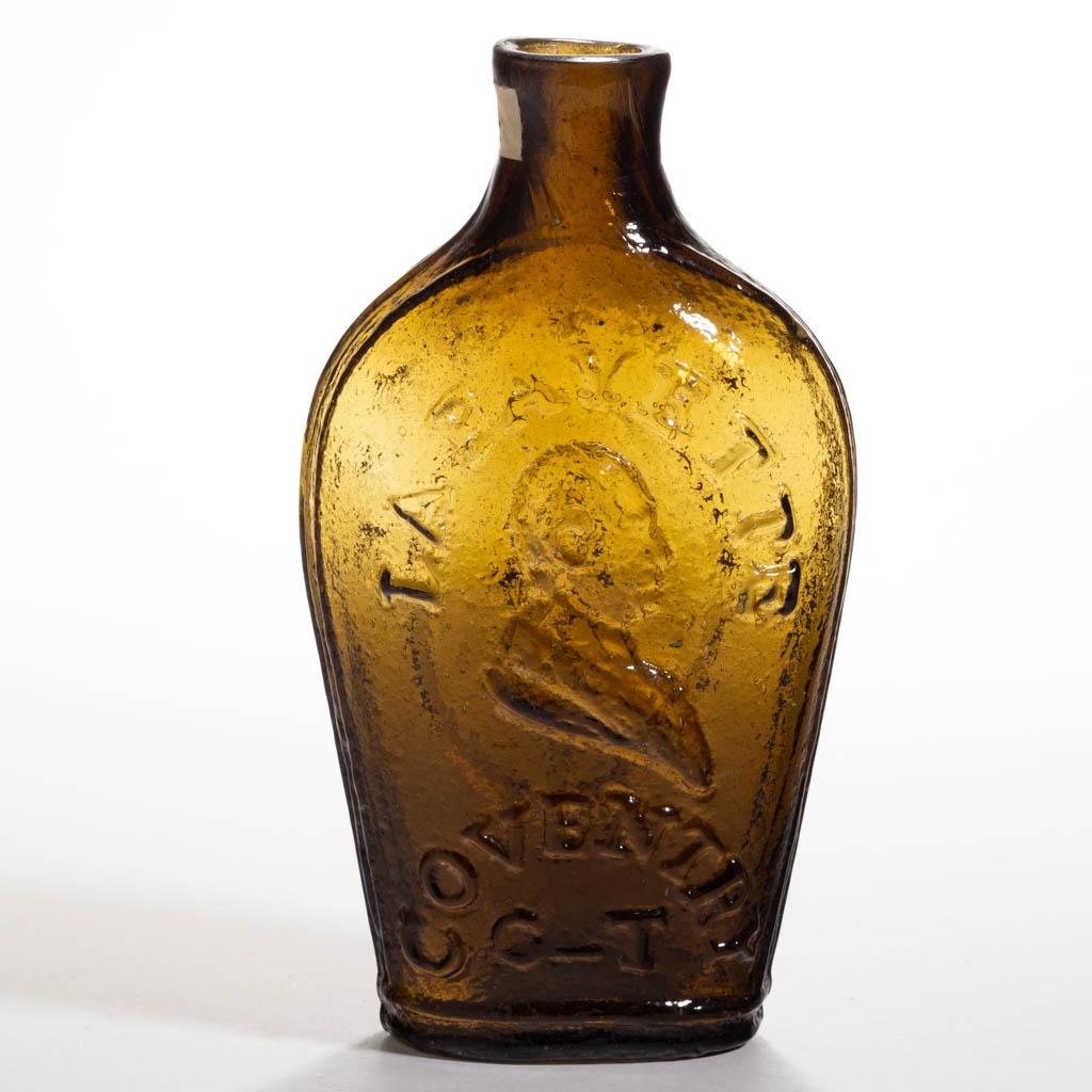 GI-86 LAFAYETTE - LIBERTY CAP PORTRAIT /HISTORICAL: GI-86 LAFAYETTE - LIBERTY CAP PORTRAIT /HISTORICAL FLASK, strong yellow amber with olive tones, half pint, embossed "LA FAYETTE / (bust) / COVENTRY / C-T" on obverse, and nine stars above liberty cap 