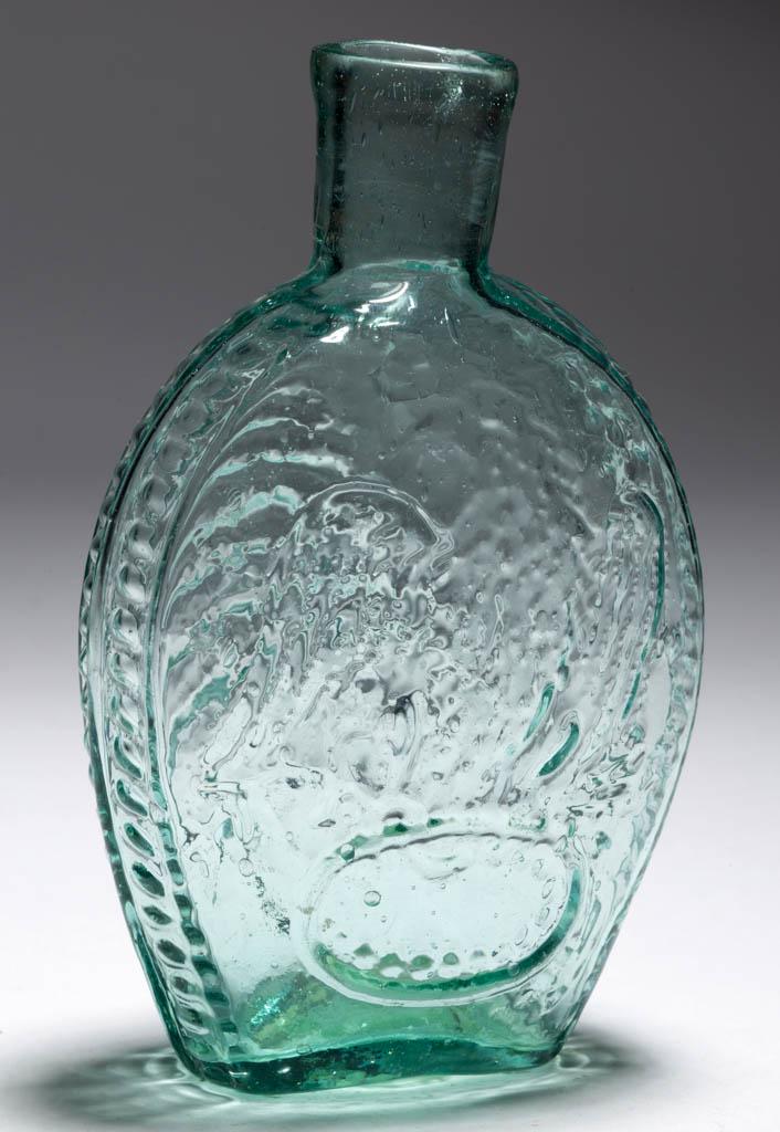 GII-11 EAGLE - CORNUCOPIA PICTORIAL / HISTORICAL FLASK: GII-11 EAGLE - CORNUCOPIA PICTORIAL / HISTORICAL FLASK, aquamarine, half-pint, plain mouth, rough pontil mark. Monongahela and Early Pittsburgh district, particular glass house unknown. 1830-1850. 5 1