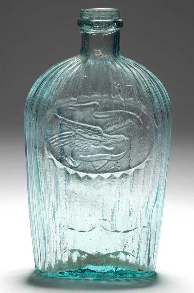 GII-36 LOUISVILLE EAGLE AND RIBS PICTORIAL / HISTORICAL: GII-36 LOUISVILLE EAGLE AND RIBS PICTORIAL / HISTORICAL FLASK, aquamarine, pint, embossed "LOUISVILLE KY / GLASS WORKS" in lower panel, applied flat collar below the plain mouth, smooth base with dimp