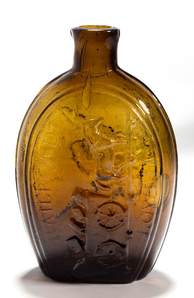 GV-10 HORSE PULLING CART - EAGLE PICTORIAL / HISTORICAL: GV-10 HORSE PULLING CART - EAGLE PICTORIAL / HISTORICAL FLASK, medium olive green, half-pint, embossed "RAILROAD / LOWELL" on obverse, plain mouth, heavy, rough pontil mark. Attributed to Coventry Gla