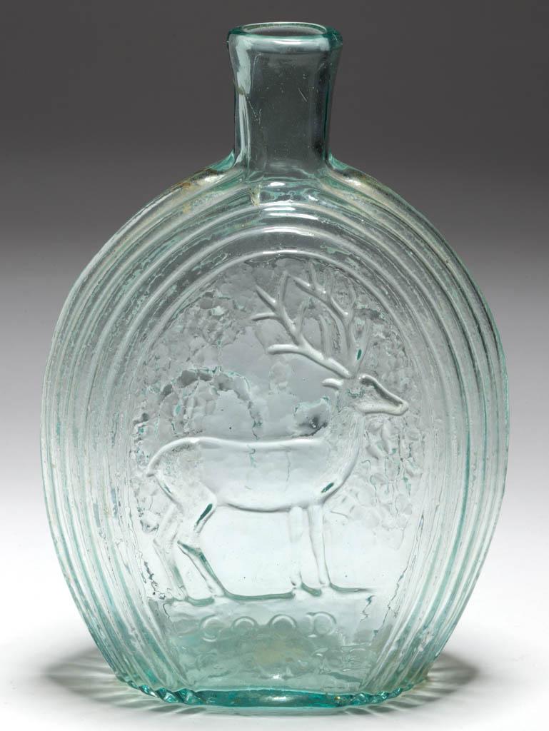 GX-1 STAG - WEEPING WILLOW PICTORIAL FLASK: GX-1 STAG - WEEPING WILLOW PICTORIAL FLASK, aquamarine, pint, obverse embossed "GOOD / GAME", plain mouth, rough pontil mark. Probably Coffin & Hay, Hammonton, New Jersey. 1840-1860. 6 3/4" H. Undamag
