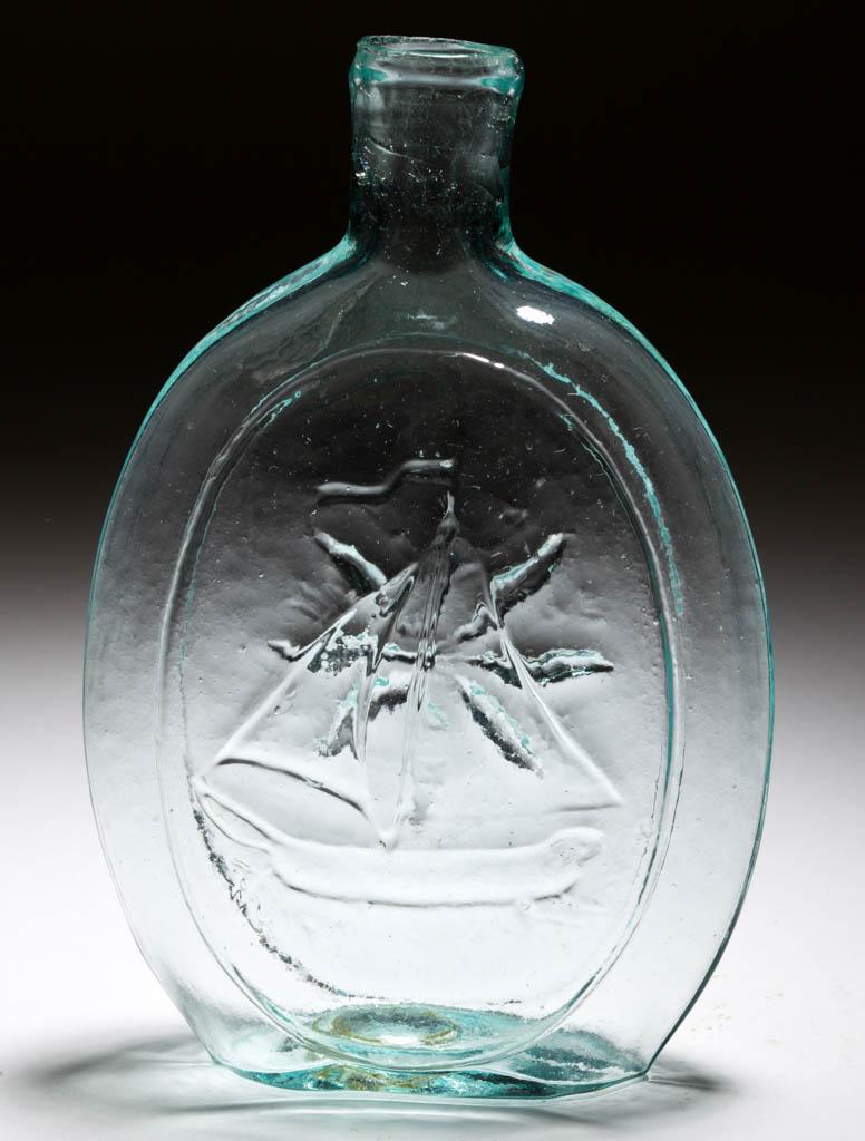 GX-8 SAILBOAT - STAR PICTORIAL FLASK: GX-8 SAILBOAT - STAR PICTORIAL FLASK, aquamarine, half-pint, faint tulips between rays, tooled sheared mouth, rough pontil mark. Probably Joel Bodine & Sons, Bridgeton, New Jersey. 1840-1860. 5 1/2" H