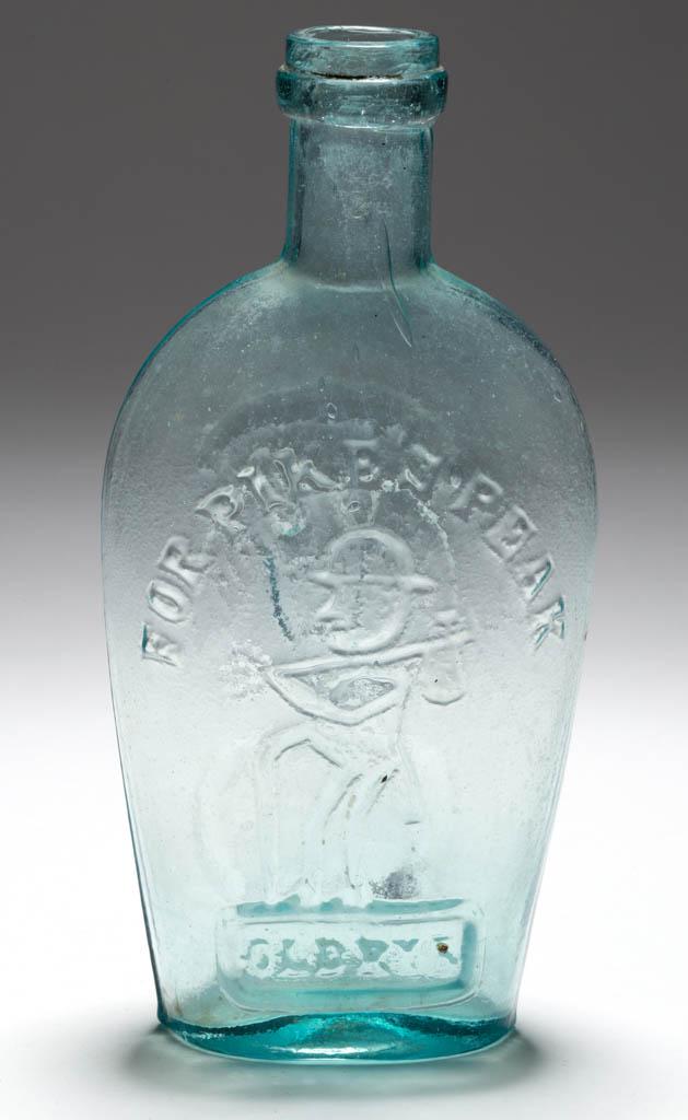 GXI-10 PIKE'S PEAK - EAGLE PICTORIAL / HISTORICAL FLASK: GXI-10 PIKE'S PEAK - EAGLE PICTORIAL / HISTORICAL FLASK, aquamarine, half-pint, obverse embossed "FOR PIKE'S PEAK" above prospector with "OLD RYE" below, reverse embossed "PITTSBURGH / PA" within oval