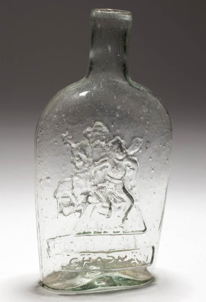 GXIII-8 VARIANT DANCING SAILOR - BANJO PLAYER PICTORIAL: GXIII-8 VARIANT DANCING SAILOR - BANJO PLAYER PICTORIAL FLASK, pale aquamarine, half-pint, obverse embossed "CHAPMAN." in bar below sailor, reverse embossed "BALT. MD." in bar below player, neck of ba
