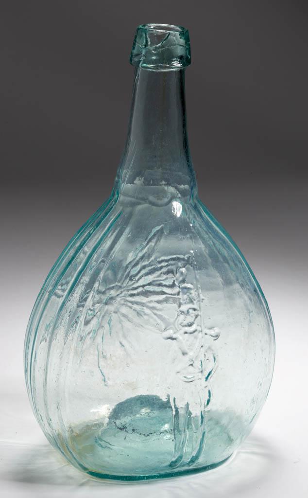 GXIII-15 ARMY OFFICER - DAISY PICTORIAL CALABASH FLASK: GXIII-15 ARMY OFFICER - DAISY PICTORIAL CALABASH FLASK, aquamarine, quart, obverse with standing officer in full-dress uniform facing slightly left, applied broad sloping mouth, light iron pontil mark