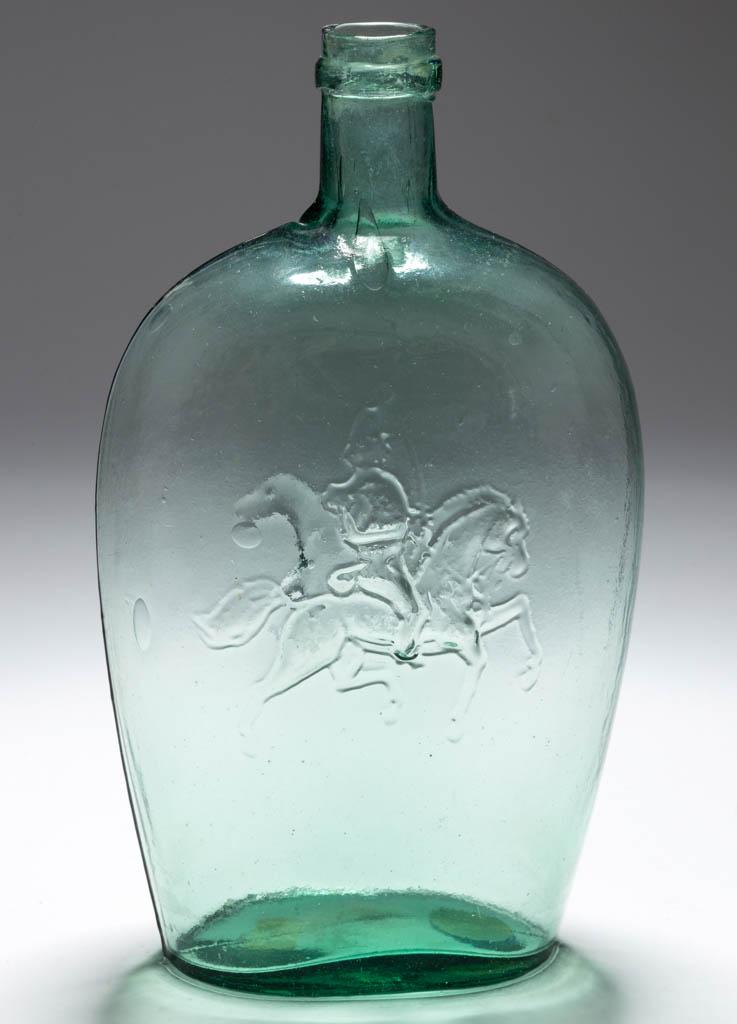 GXIII-16 SOLDIER ON HORSE - HOUND PICTORIAL FLASK: GXIII-16 SOLDIER ON HORSE - HOUND PICTORIAL FLASK, light green, quart, applied flat collar below the plain mouth, plain base. 1850-1870. 8 7/8" H. Undamaged with several small spots of high-point wear