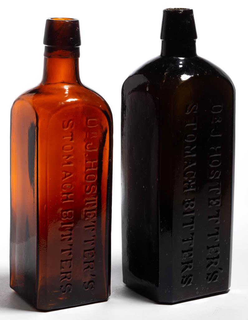 HOSTETTER'S STOMACH BITTERS BOTTLES, LOT OF TWO: HOSTETTER'S STOMACH BITTERS BOTTLES, LOT OF TWO, deep olive green and medium golden amber, each square form embossed "DR J. HOSTETTER'S / STOMACH BITTERS", applied broad sloping mouths, one base embos