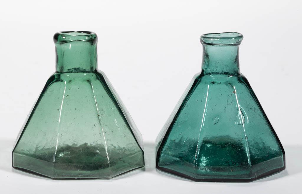 ASSORTED BLOWN-MOLDED UMBRELLA INK BOTTLES, LOT OF TWO: ASSORTED BLOWN-MOLDED UMBRELLA INK BOTTLES, LOT OF TWO, light emerald green and medium blue green, each octagonal conical form with inward-rolled mouth and rough pontil mark, blue green example with "